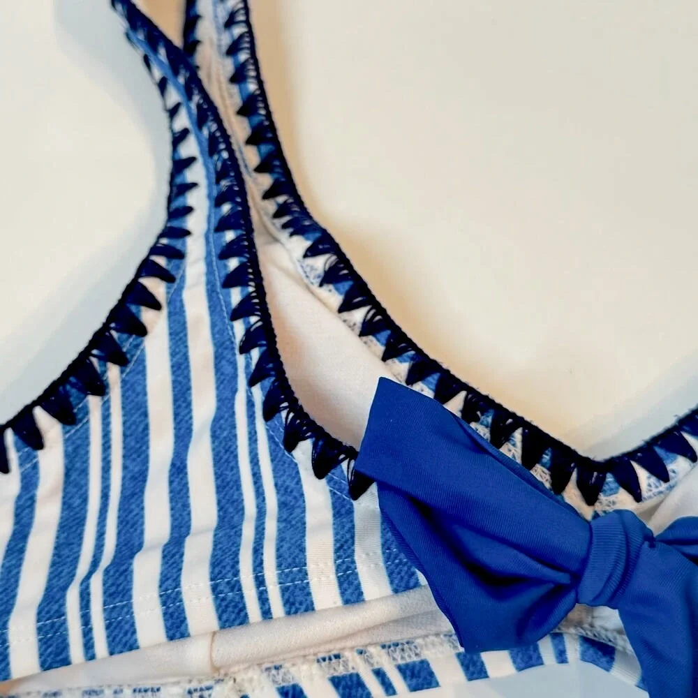 No Boundaries Denim Stripe Bikini Set Blanket Stitch in Blue Small Medium